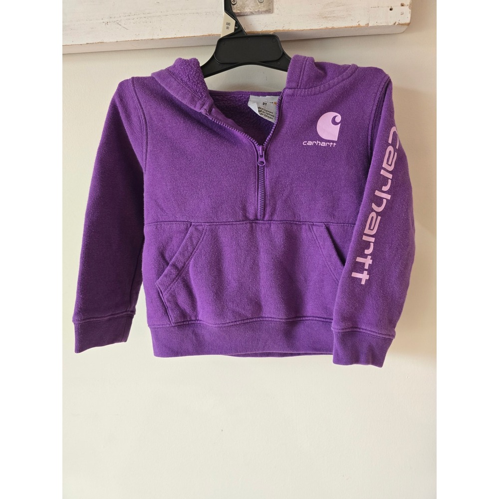 Carhartt Kids Purple Quarter Zip Hooded Sweatshirt Logo Sleeve Hoodie 2T
